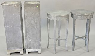 Four piece lot to include a pair of contemporary aluminum stands (ht. 39 1/2 in.) and two round metal tables.