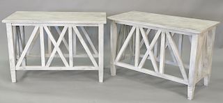 Pair contemporary hall tables in a gray washed paint height 45.5 inches.

