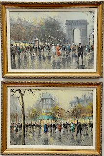 Pair of paintings After Edouard Leon Cortes (1882-1969), oil on board Paris street scenes, Arc de Triomphe and Paris Park, both mark...