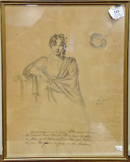 French pencil drawing of a young woman framed with a lock of hair