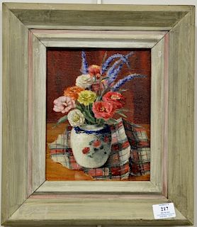 Five Dorothy Ochtman (1892-1971) pieces to include an oil on board, "Flowers with Plaid Drapery", signed lower left: Dorothy Ochtman...