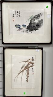 Six Oriental paintings to include a set of four framed watercolors with bugs; a character on cloth signed lower right in pencil ille...