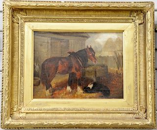 Three equestrian paintings to include pair of oil on board paintings of a horse in a stall, each monogrammed lower left and titled "...