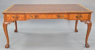 Chippendale mahogany writing table with three drawers having banded inlaid top. ht. 29 in., top: 38" x 66"