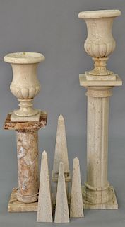Travertine and marble group to include two urns, two pedestals, etc
