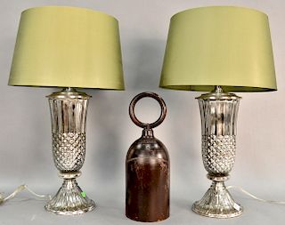 Group of nine items to include large iron bell ht. 19 in., pair of iron candle sconces, pair of mirrored lamps, three porcelain lamp...