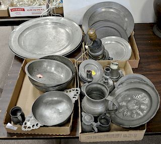 Large group of mostly early pewter bowls, candlesticks, two chargers, etc.