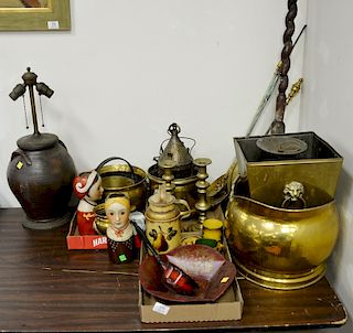 Group lot to include brass buckets, warmer, tin, fire tools, two outdoor lights, brass andirons with porcelain inserts (1 as is), an...