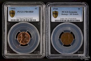Two Lincoln cents, to include a 1940, PCGS genuine, XF details, and a 1955, PCGS PR-64RD.