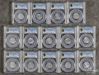 Fourteen Japanese 10 Sen, to include a 1941, PCGS MS-62, nine 1942, with grades ranging