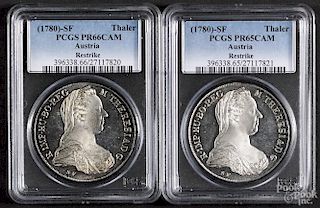 Two Austrian silver Thaler restrikes, to include a 1780-SF, PCGS PR-65 CAM, and a 1780-SF