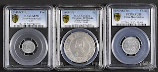 Three assorted Chinese coins, to include a Fen, 1943, PCGS AU-58, a Chiao, 1943, PCGS AU-58