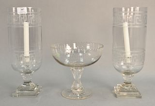 Three piece crystal group to include a pair of glass candlesticks with hurricane shades having Greek key cut design, height 15.5 inc...