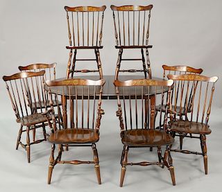 Nine piece Hitchcock dining set to include eight chairs and oval table with two 10 inch leaves (one chair repaired). ht. 29 in., top...