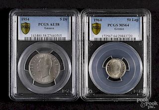 Two Grecian coins, to include a 50 Lep, 1964, PCGS MS-64, and a 5 Dr, 1954, PCGS AU-58.