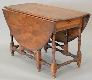 William and Mary gate leg drop leaf table with drawer (restored). ht. 27 in., top: 45" x 53"