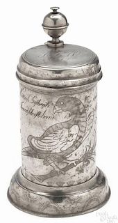 German pewter marriage stein or Walzenkrug, early 19th c., the lid engraved with the owner's name