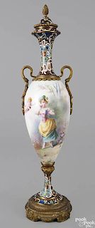 French ormolu and cloisonné mounted porcelain vase, ca. 1900, with painted decoration of a woman