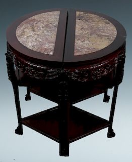 PAIR OF DEMI-LUNE HUALI AND MERBLE TABLES