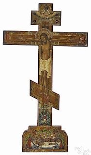 Russian oil on wood crucifix-form icon, 18th/19th c., 35 1/4'' h.