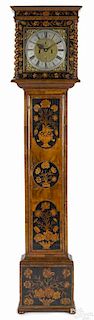 George I burl veneer and marquetry inlaid tall case clock, ca. 1700, the case adorned with ebony