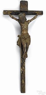Carved and painted wood crucifix, late 19th c., 33 1/4'' l.