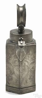 Swiss pewter hexagonal wine flagon, 18th c., the front of the body with a heart-shaped shield