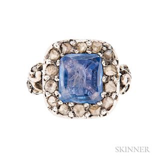 Antique Sapphire Intaglio and Diamond Ring