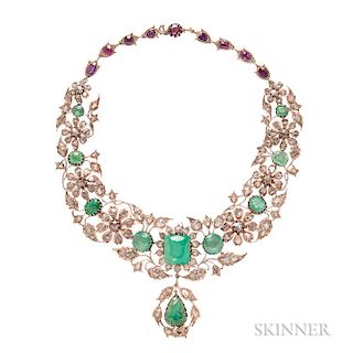 Large Gold, Emerald, and Rose-cut Diamond Necklace
