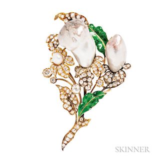 Antique 18kt Gold, Pearl, and Diamond Flower Brooch