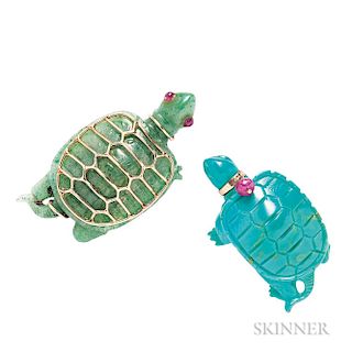 Two 14kt Gold and Hardstone Turtle Brooches, Seaman Schepps