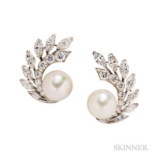 Platinum, Cultured Pearl, and Diamond Earrings, Van Cleef & Arpels