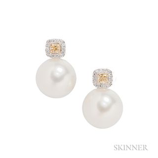 18kt White Gold, South Sea Pearl, Colored Diamond, and Diamond Earrings