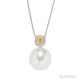 18kt White Gold, South Sea Pearl, Colored Diamond, and Diamond Pendant