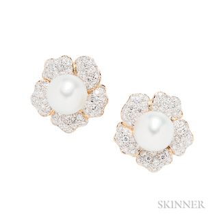18kt Gold, South Sea Pearl, and Diamond Flower Earclips