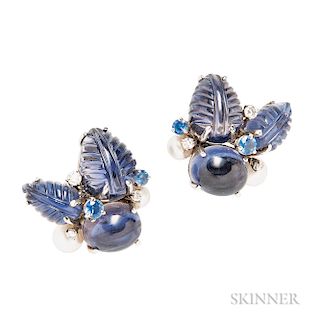 18kt White Gold, Iolite, Sapphire, Cultured Pearl, and Diamond Earclips, Seaman Schepps