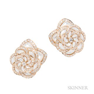 18kt Gold, Mother-of-pearl, and Diamond Flower Earclips