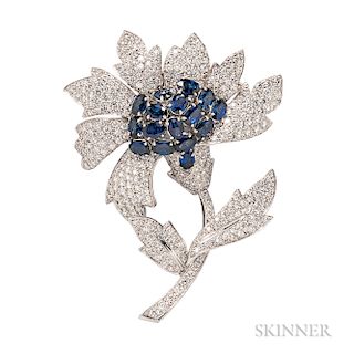 Platinum, Sapphire, and Diamond Flower Brooch