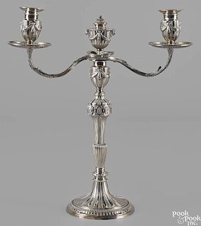 George III style silver candelabrum, 20th c., bearing the spurious 18th c. touch, 15 3/8'' h.
