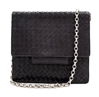 A Bottega Veneta Black Intrecciato Flap Handbag, 8.5" H x 9" W x 2.25" D; Strap drop: 13.5".