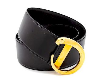 A Cartier Black Leather Panthere Belt, Buckle: 2.5" diameter; Belt: 28"- 30" x 2".