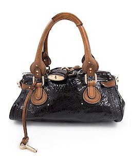 A Chloe Black Patent Paddington Bag, 6.5" H x 14.5" W x 8" D; Handle drop: 8".