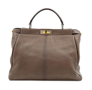 A Fendi Taupe Leather Large Peekaboo Bag, 12.5" H x 15.5" W x 7" D; Handle drop: 5".