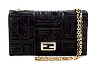 A Fendi Black Monogram Embossed Leather Wallet/Shoulder Bag, 7.5" L x .75" W x 4" H; Chain strap drop: 19".