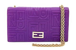 A Fendi Purple Monogram Embossed Leather Wallet/Shoulder Bag, 4" H x 7.5" W x .75" D; Strap drop: 19".