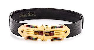 An Alexis Kirk Black Snakeskin Slide Belt, 23" - 36" L x 1.5" W.