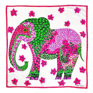 A Salvatore Ferragamo Multicolor Silk Elephant Scarf, 34" x 34".