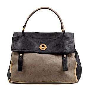 An Yves Saint Laurent Tri-Color Leather and Canvas Muse Bag, 11" H x 14" W x 6" D; Handle drop: 6".
