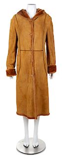 A Camel Shearling Coat with Hood, Size 12.