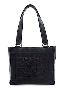 A Chanel Black Lambskin "Chocolate Bar" Tote, 8" H x 10" W x 3.25" D; Strap drop: 9".